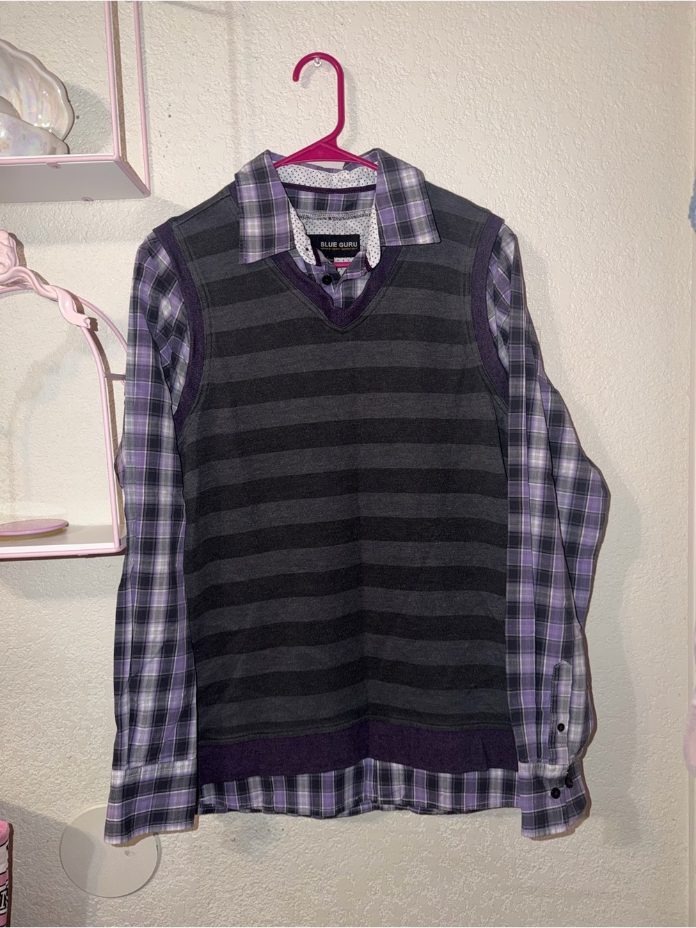 Purple Plaid Button-Down with Charcoal Striped Sweater Vest